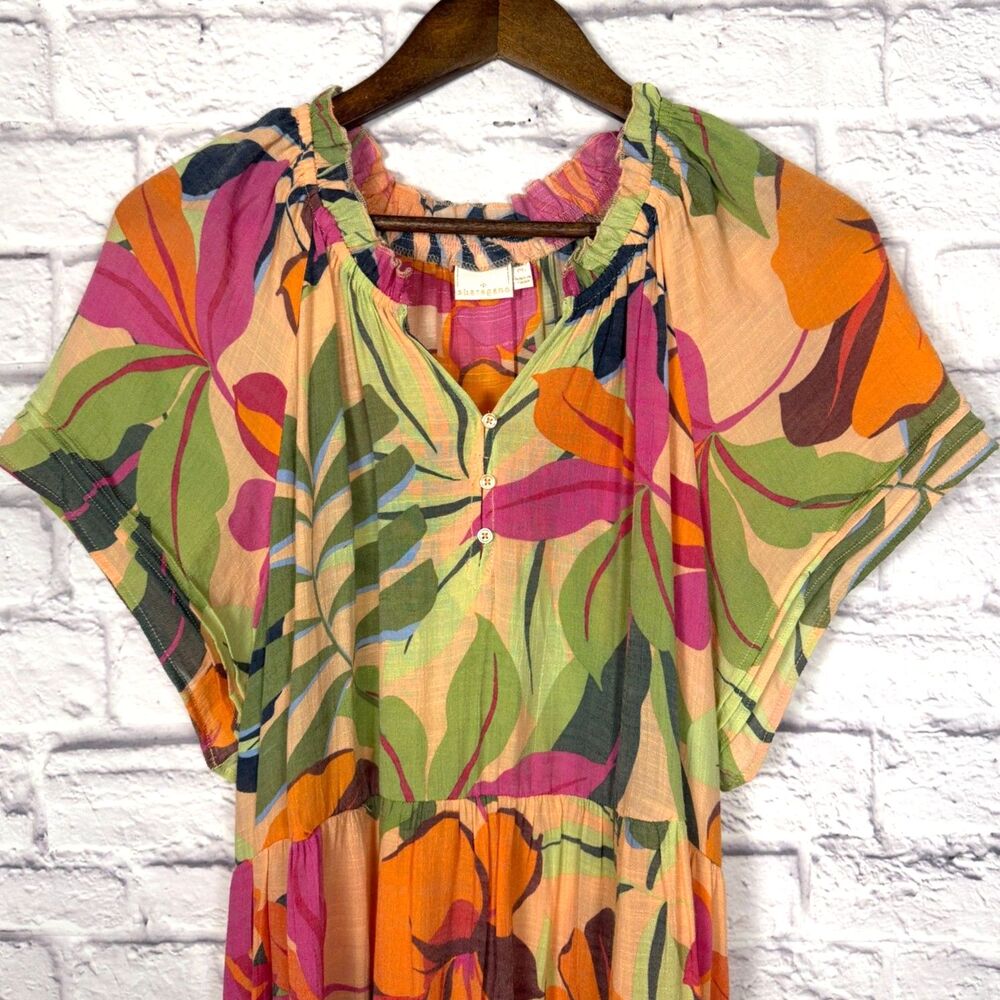 Sharagano Tropical Print Midi Dress Womens PL Short Sleeve Tiered Boho Vacation - Picture 4 of 12